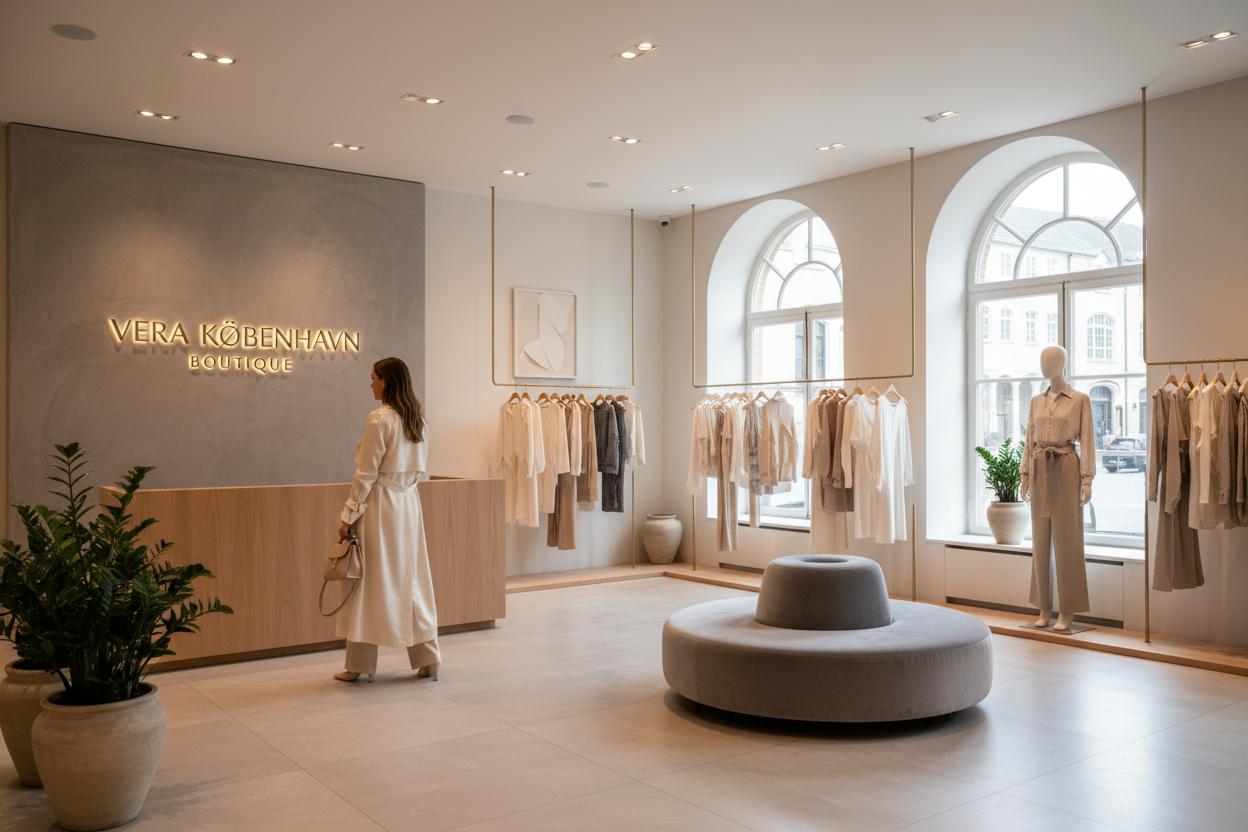 quero uma imagem com uma mulher elegante numa boutique que diga verakobenhavn boutique